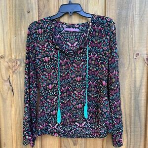 Clock House Multicolor Long Sleeve Tie Front Boho Pattern Blouse Relaxed Fit